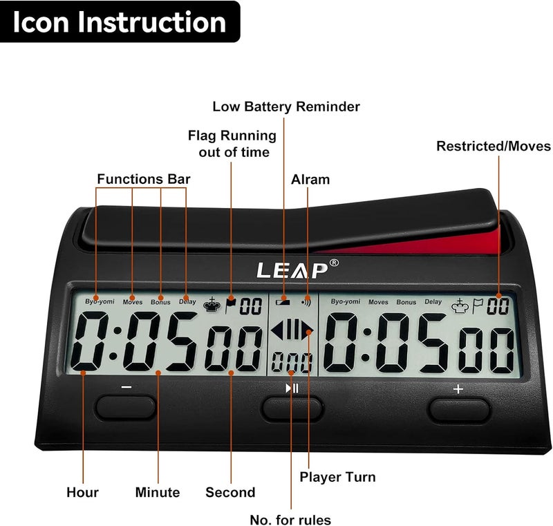 LEAP Chess Clock Advanced Digital Chess Timer with 7 Type 38 Timing Set Modes Including Single or Multi Period Countdown Restricted Moves or Time Function - Image 3